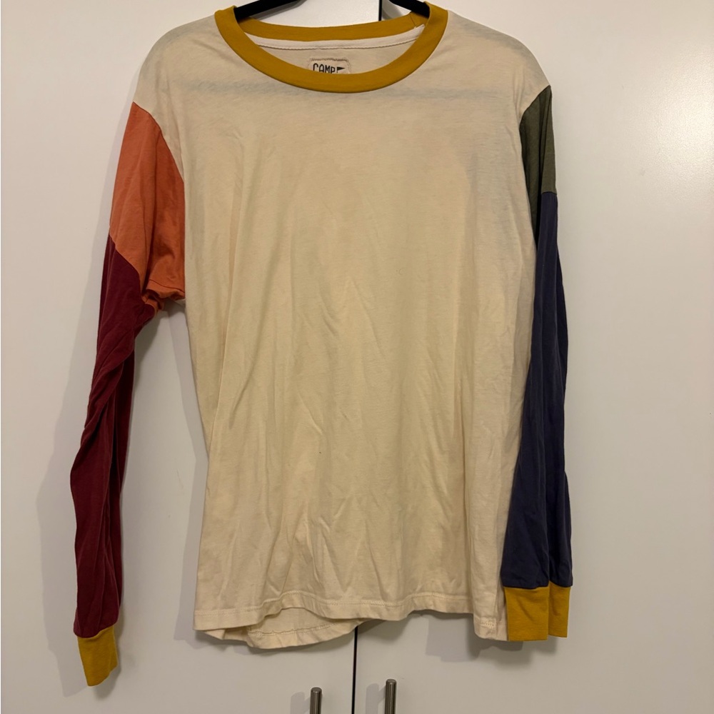 Long-Sleeve Colorblock Crew Neck Shirt - Cream with Multicolor Sleeves